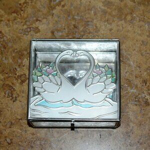 Antique Crystal Vintage Frosted Love Swans Swan Glass Inner Mirror Jewelry Box